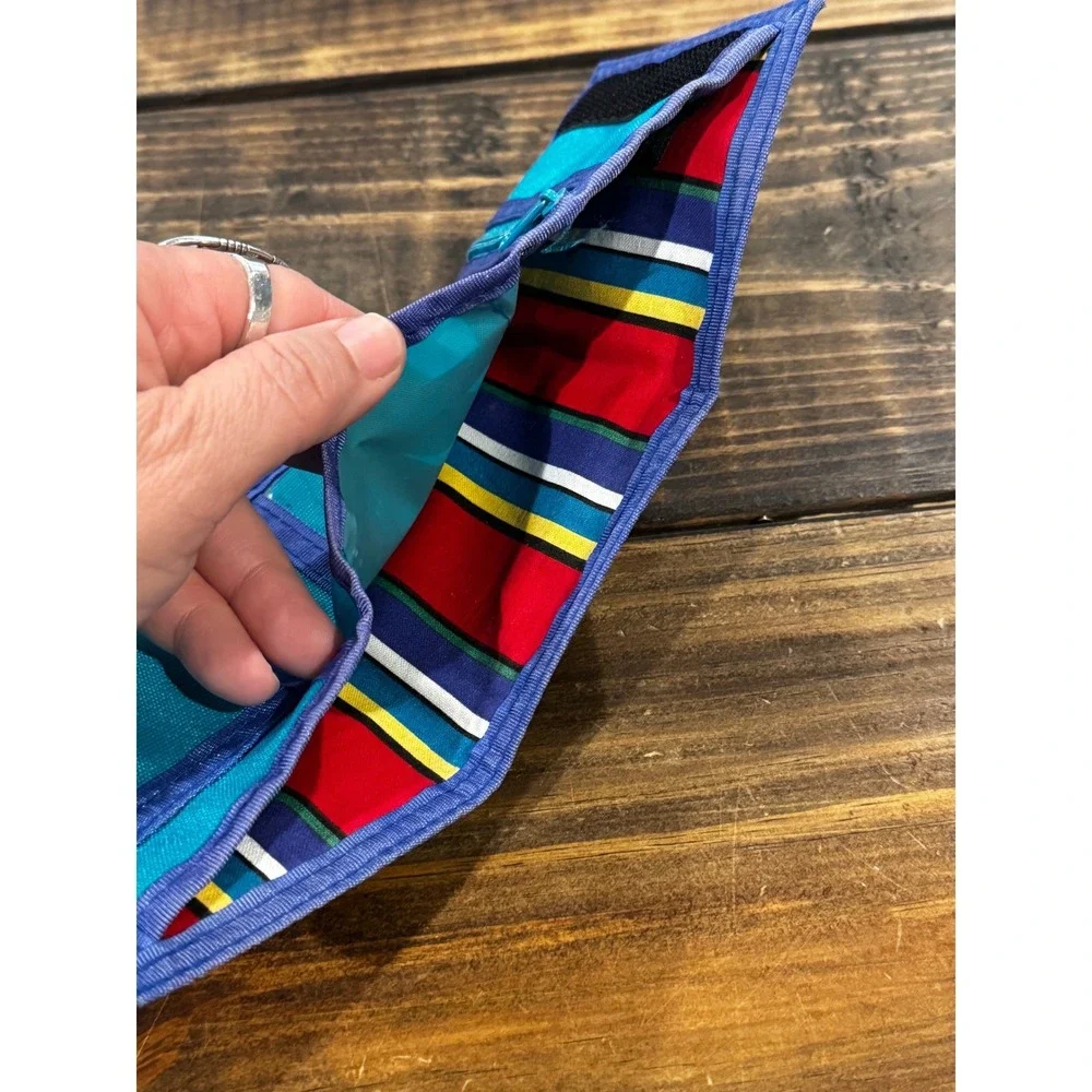 Vintage Catalina Mens Trifold Wallet Blue Teal Nylon Velcro 1990s Retro Striped